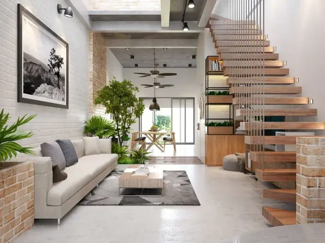 Mẫu 5: Thiết Kế Tường Gạch Với Cầu Thang Dây Cáp Ấn Tượng