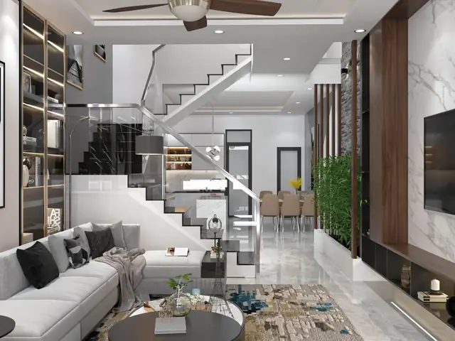 Mẫu 8: Phòng Khách Nhà Ống Hiện Đại Với Cầu Thang Kính