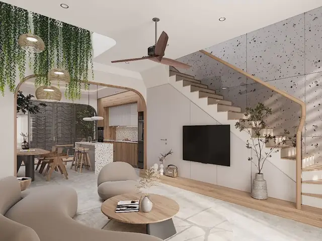 Mẫu 7: Phòng Khách Nhà Ống 5m Có Cầu Thang Phong Cách Japandi