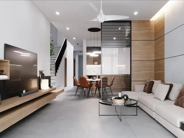 Mẫu 4: Đồ Nội Thất Và Ốp Tường Màu Nâu Gỗ Tạo Điểm Nhấn