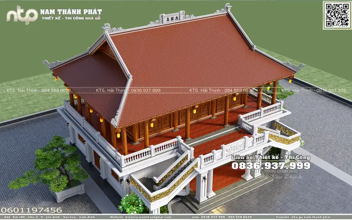 Phối Cảnh Thiết Kế 3d Toàn Bộ Công Trình Nhà Gỗ 3 Gian