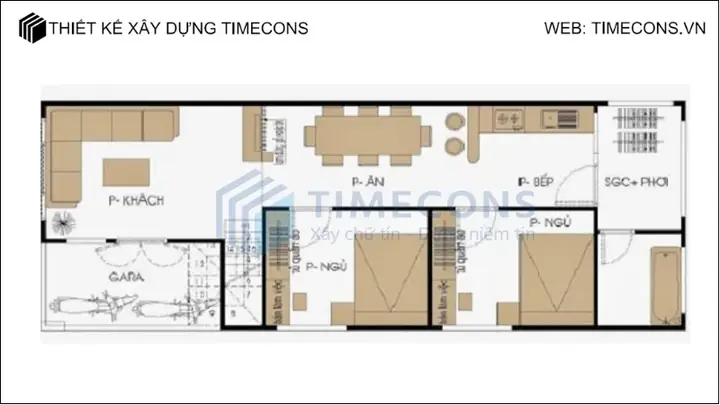 Bản Vẽ Nhà Ống 1 Tầng 2 Phòng Ngủ Mặt Tiền 6m