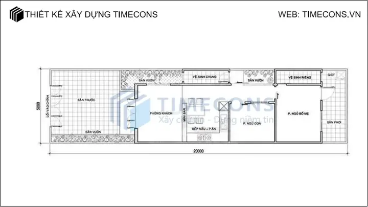 Bản Vẽ Nhà Ống 1 Tầng 2 Phòng Ngủ Mặt Tiền 5m