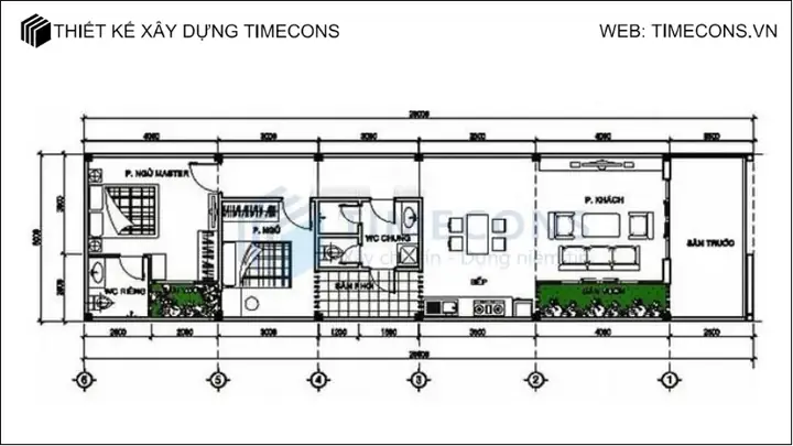 Bản Vẽ Nhà Ống 1 Tầng 2 Phòng Ngủ Kích Thước 5x15m