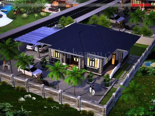 Thiết Kế Sân Vườn Nhà 1 Tầng Mái Thái Hình Vuông Diện Tích 130m2