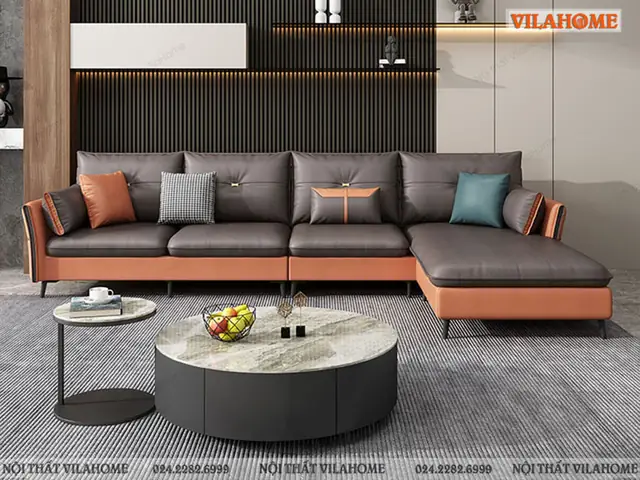Mẫu Sofa Góc Đẹp Hai Màu Xám Nâu Và Cam Đất