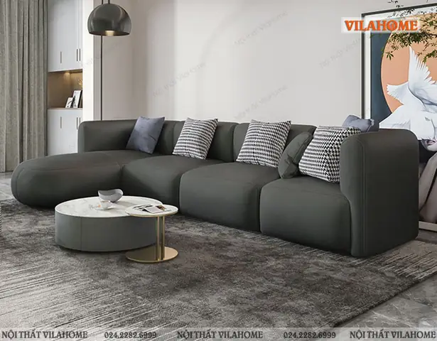 Sofa Góc Màu Ghi Đệm Khối Dày Tròn