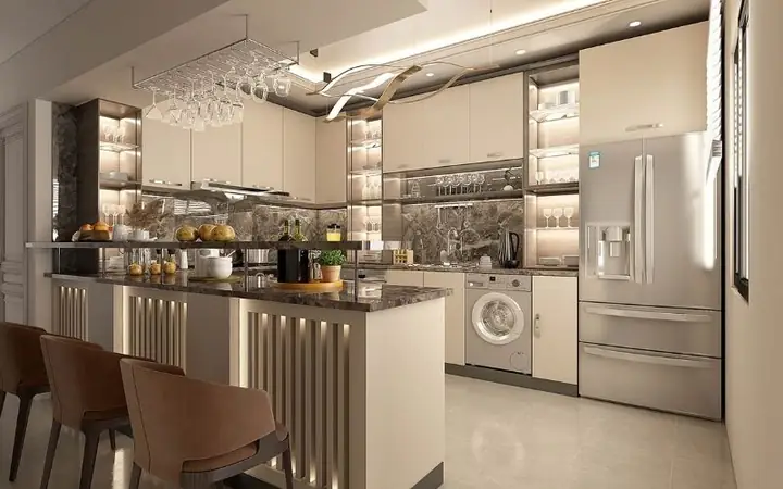 Mẫu Thiết Kế Bếp Chung Cư Với Quầy Bar Mini Ấn Tượng Mẫu Thiết Kế Bếp Chung Cư Với Quầy Bar Mini Ấn Tượng