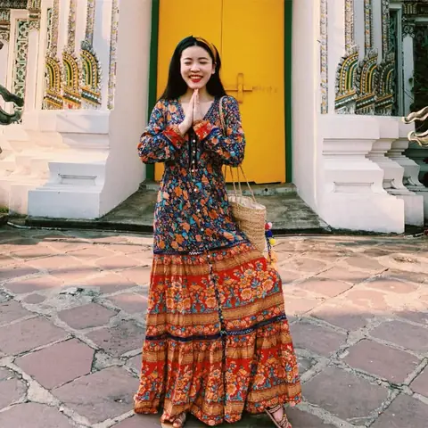 Váy Maxi Họa Tiết Boho Chấm Đất + Băng Đô + Túi Cói Váy Maxi Họa Tiết Boho Chấm Đất + Băng Đô + Túi Cói