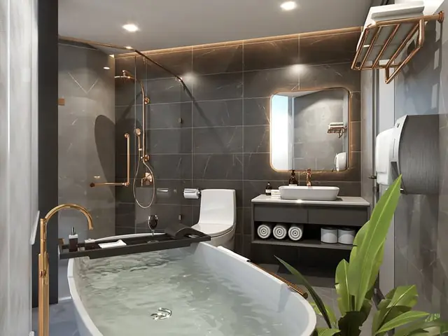 Mẫu Thiết Kế Phòng Tắm Khách Sạn Với Gam Màu Xám Sang Trọng