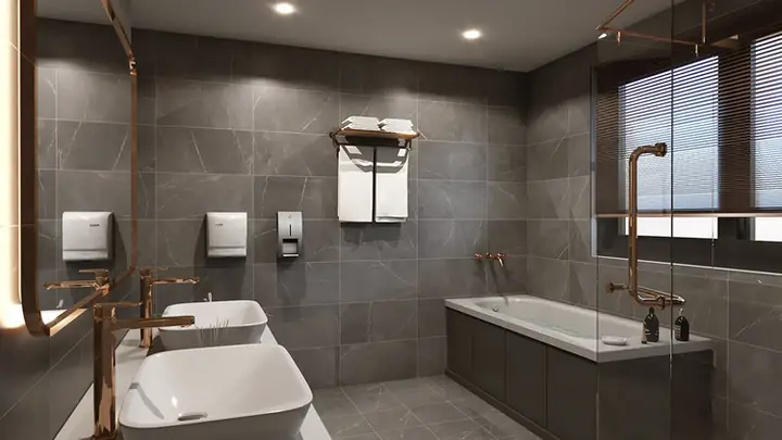 Mẫu Thiết Kế Phòng Tắm Khách Sạn Với Gam Màu Xám Sang Trọng
