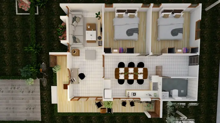 Mặt Bằng Công Năng Của Mẫu Nhà Cấp 4 8x10m 2 Phòng Ngủ