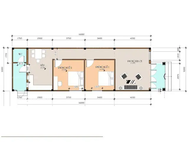 Mẫu Nhà Cấp 4 Diện Tích 5x16m Có 2 Phòng Ngủ