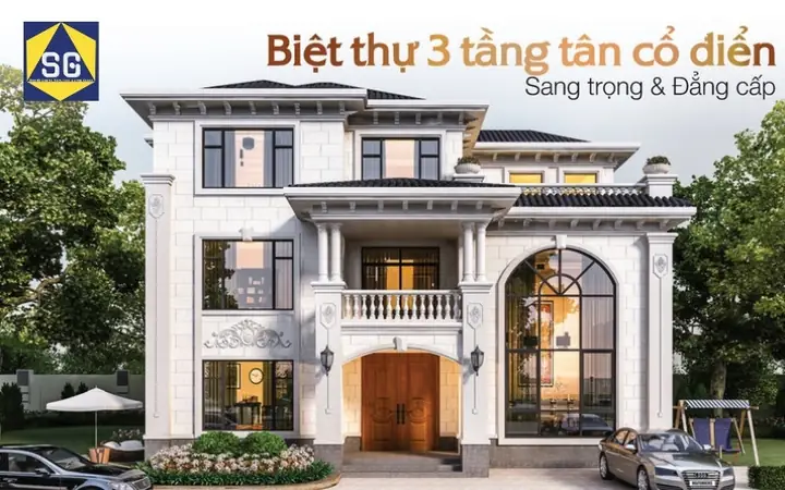 Mẫu Thiết Kế Nhà Ngang 9m Dài 10m 3 Tầng Phong Cách Tân Cổ Điển Sang Trọng Mẫu Thiết Kế Nhà Ngang 9m Dài 10m 3 Tầng Phong Cách Tân Cổ Điển Sang Trọng