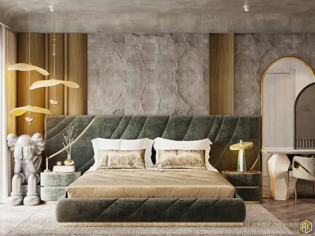 Điểm Nhấn Là Bộ Đèn Thả Trần Hình Nấm Mềm Mại Và Chiếc Gương Vòm Viền Vàng Tinh Tế, Tạo Nên Một Không Gian Nghỉ Ngơi Đầy Phong Cách