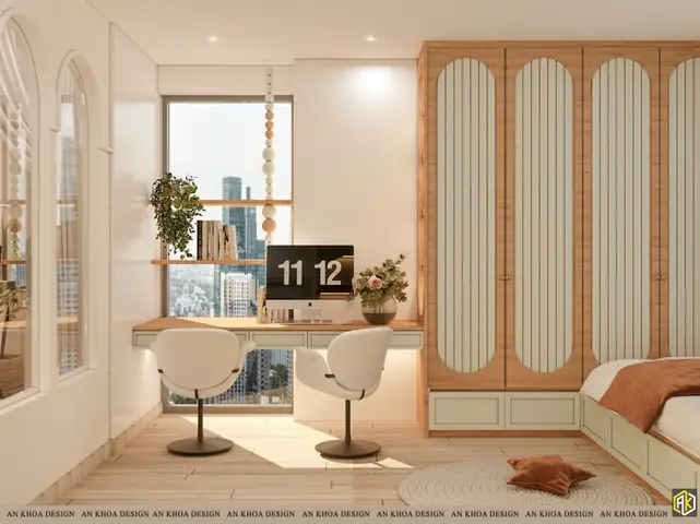 Góc Làm Việc Hiện Đại Và Tràn Ngập Ánh Sáng Bên Cửa Sổ Lớn Với Tầm Nhìn Thành Phố Năng Động