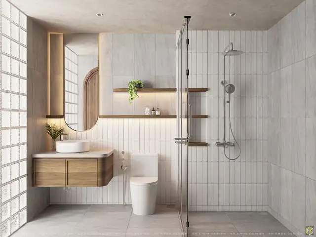 Gạch Ốp Tường Dọc Màu Trắng Và Các Chi Tiết Gỗ Tạo Nên Một Không Gian Sạch Sẽ, Thoáng Đãng Và Gần Gũi