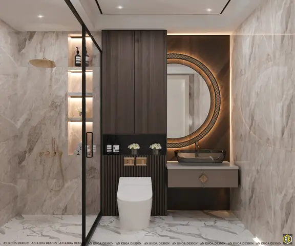 Một Phòng Tắm Hiện Đại Và Sang Trọng Với Vòi Sen Ẩn Sau Vách Kính, Nổi Bật Trên Nền Đá Cẩm Thạch Vân Mây Tinh Tế