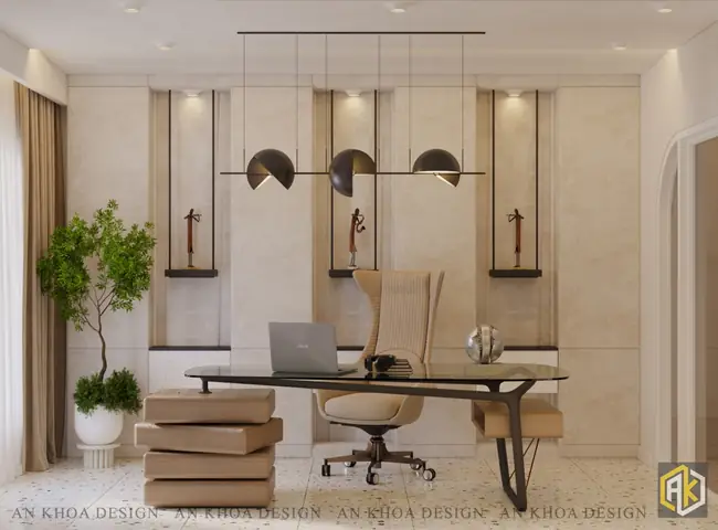 Một Góc Làm Việc Hiện Đại Và Đầy Cảm Hứng Với Bàn Kính Thanh Lịch Kết Hợp Cùng Ghế Xoay Êm Ái, Được Chiếu Sáng Bởi Chiếc Đèn Thả Trần Độc Đáo