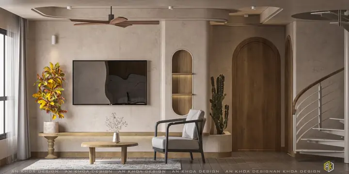 Một Không Gian Phòng Khách Ấm Áp Và Hiện Đại Với Tông Màu Be Chủ Đạo, Điểm Xuyết Bằng Những Chi Tiết Gỗ Tự Nhiên Và Cây Xanh Tươi Mát