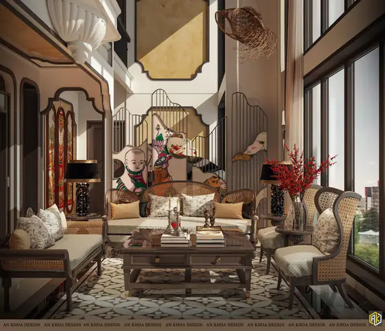 Phòng Khách Nghệ Thuật Với Sofa Mây Cổ Điển Trên Nền Gạch Hoa Văn, Kết Hợp Tranh Tường Ngộ Nghĩnh Và Đèn Lồng Cách Điệu