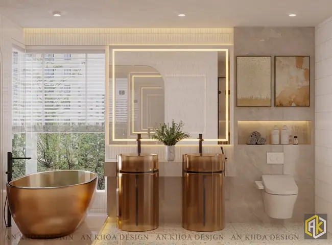 Một Phòng Tắm Sang Trọng Và Độc Đáo Với Bồn Tắm Màu Đồng Nổi Bật Bên Cạnh Cửa Sổ Lớn Nhìn Ra Thiên Nhiên