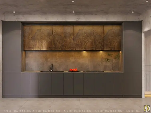 Một Gian Bếp Tối Giản Mà Tinh Tế Với Tủ Bếp Hiện Đại, Nổi Bật Trên Nền Tường Và Sàn Nhà Màu Trung Tính, Điểm Nhấn Là Mảng Ốp Tường Vân Đá Nghệ Thuật, Mang Đến Cảm Giác Ấm Cúng Và Độc Đáo