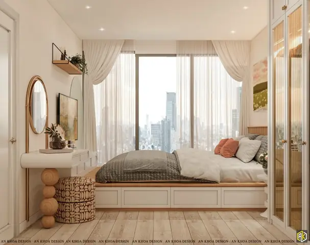 Một Phòng Ngủ Tràn Ngập Ánh Sáng Tự Nhiên Với Giường Ngủ Êm Ái Hướng Ra Khung Cửa Sổ Lớn, Mở Ra Tầm Nhìn Đô Thị Hiện Đại
