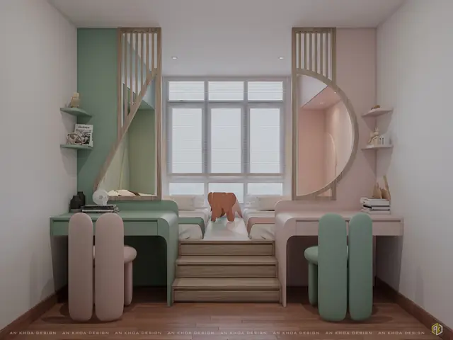 Phòng Ngủ Đôi Trẻ Em Được Thiết Kế Đối Xứng, Tươi Sáng Với Hai Gam Màu Pastel, Tạo Nên Không Gian Vừa Đáng Yêu Vừa Tinh Tế, Tràn Đầy Cảm Hứng Sáng Tạo Và Sự Cân Bằng Nhẹ Nhàng