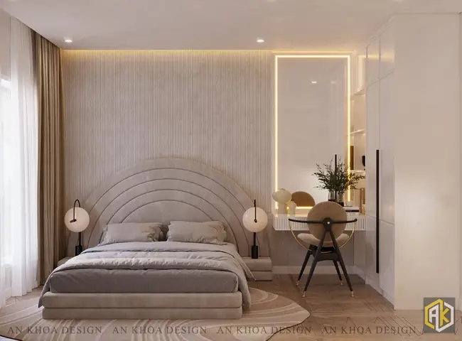 Một Phòng Ngủ Trang Nhã Và Hiện Đại Với Chiếc Giường Bọc Nệm Đầu Giường Hình Vỏ Sò Mềm Mại, Cân Đối Hai Bên Là Đèn Ngủ Hình Tròn Độc Đáo