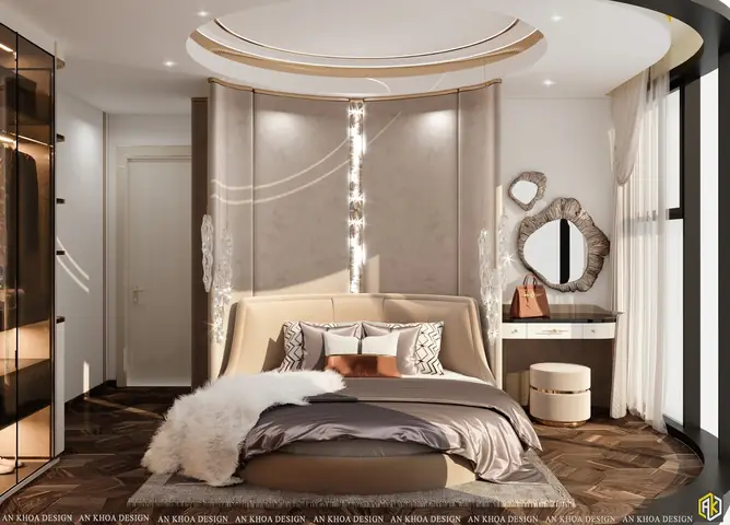 Chiếc Giường Tròn Êm Ái Với Phần Đầu Giường Ốp Nệm Cách Điệu, Tỏa Sáng Lung Linh Nhờ Dải Đèn Led Mềm Mại, Mời Gọi Một Giấc Ngủ Sâu Trong Không Gian Phòng Ngủ Sang Trọng