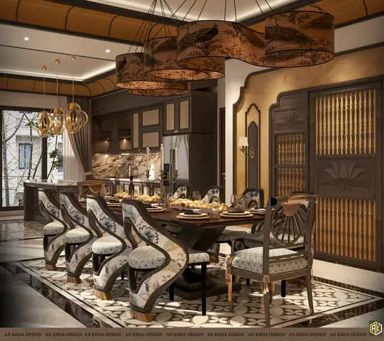Một Không Gian Phòng Ăn Sang Trọng Và Ấm Cúng Với Bộ Bàn Ghế Gỗ Chạm Khắc Tinh Xảo, Nổi Bật Trên Nền Gạch Hoa Văn Độc Đáo