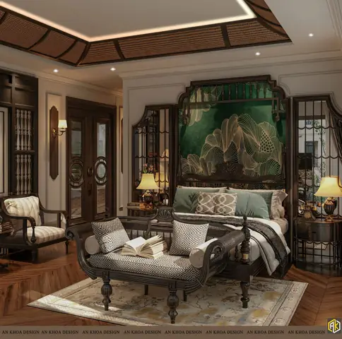 Phòng Ngủ Mang Đậm Dấu Ấn Á Đông Sang Trọng Và Tinh Tế Với Chiếc Giường Gỗ Chạm Khắc Cầu Kỳ, Nổi Bật Trên Nền Tường Trang Trí Họa Tiết Lụa Mềm Mại