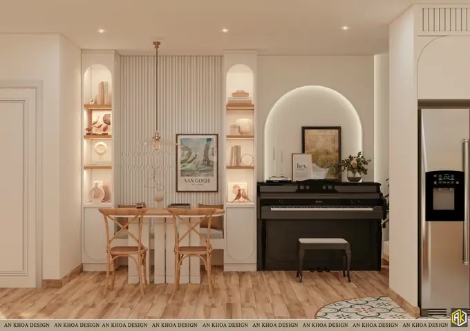 Góc Nhạc Du Dương Với Chiếc Piano Đen Dưới Vòm Tường Cong, Cạnh Bàn Ăn Gỗ Ấm Cúng, Tràn Ngập Ánh Sáng Dịu Dàng