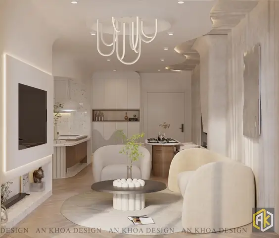 Không Gian Sống Trắng Kem Hiện Đại Với Sofa Mềm Mại Và Đèn Trần Hình Học Ấn Tượng, Tạo Nên Một Không Gian Mở Thoáng Đãng