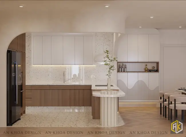 Một Không Gian Bếp Hiện Đại Và Trang Nhã Với Sự Kết Hợp Hài Hòa Giữa Tủ Bếp Trắng Tinh Khôi Và Vân Gỗ Ấm Áp, Cùng Mặt Đá Lốm Đốm Tinh Tế