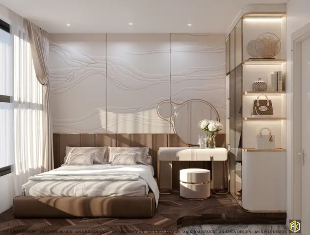Phòng Ngủ Trang Nhã Và Tinh Tế, Bàn Trang Điểm Thanh Lịch Với Gương Tròn Độc Đáo Cùng Tủ Trưng Bày Cánh Kính Viền Vàng Tạo Nên Một Không Gian Nghỉ Ngơi Đầy Phong Cách Và Quyến Rũ