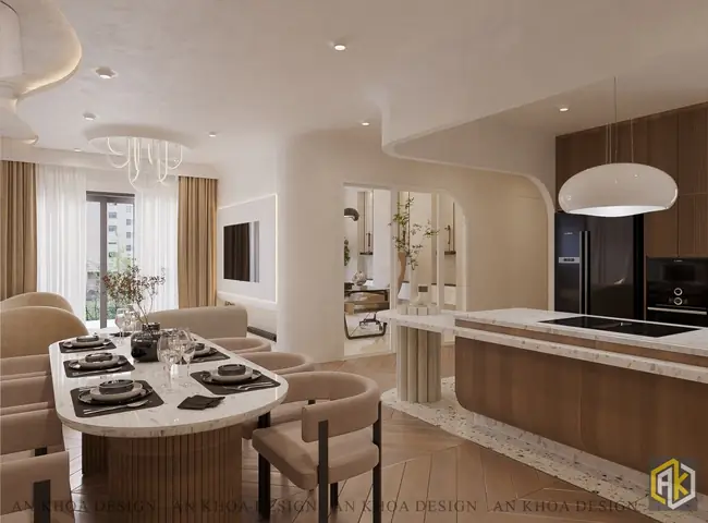Không Gian Sống Mở Hiện Đại Với Bàn Ăn Sang Trọng Làm Trung Tâm, Kết Nối Hài Hòa Với Khu Bếp Ấm Cúng Và Phòng Khách Trang Nhã