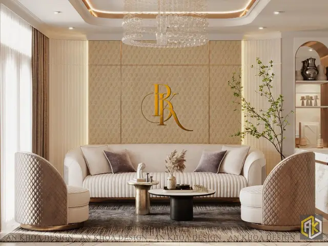 Một Phòng Khách Sang Trọng Và Ấm Cúng Với Bộ Sofa Kem Êm Ái Và Hai Chiếc Ghế Bọc Da Họa Tiết Quả Trám Độc Đáo, Được Tô Điểm Bởi Chiếc Đèn Chùm Pha Lê Lộng Lẫy