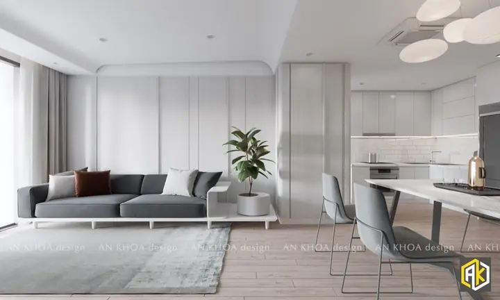 Không Gian Sống Hiện Đại Và Thanh Lịch, Nổi Bật Với Bộ Sofa Xám Tối Giản, Cây Xanh Trang Trí Tạo Điểm Nhấn Tự Nhiên, Khu Bếp Liền Mạch Đầy Tiện Nghi, Mang Lại Cảm Giác Nhẹ Nhàng Và Tinh Tế
