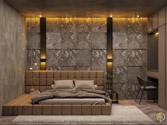 Bức Tường Ốp Đá Vân Độc Đáo Được Chiếu Sáng Tinh Tế, Tạo Điểm Nhấn Nghệ Thuật Cho Không Gian Nghỉ Ngơi Đẳng Cấp