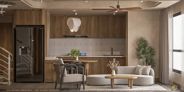 Một Không Gian Sống Liên Thông Ấm Cúng Với Khu Bếp Gỗ Hiện Đại Và Phòng Khách Trang Nhã