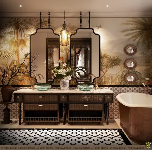 Phòng Tắm Mang Đậm Phong Vị Á Đông Huyền Bí Và Quyến Rũ Với Bồn Tắm Đá Màu Nâu Trầm Đặt Trên Nền Gạch Họa Tiết Ấn Tượng