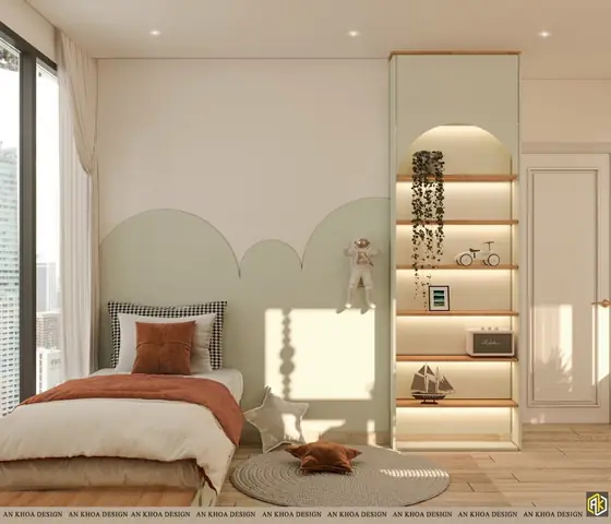 Một Phòng Ngủ Trẻ Em Sáng Tạo Với Giường Đơn Ấm Cúng Tựa Vào Bức Tường Trang Trí Hình Đám Mây Ngộ Nghĩnh