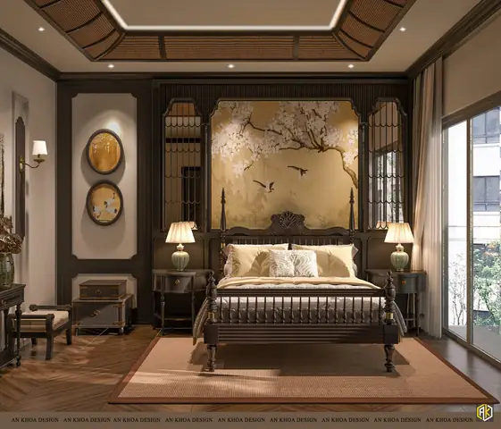 Phòng Ngủ Trang Nhã Và Ấm Cúng Mang Đậm Phong Cách Á Đông Với Chiếc Giường Gỗ Chạm Khắc Tinh Tế Làm Trung Tâm, Tựa Vào Bức Tường Trang Trí Tranh Vẽ Hoa Anh Đào Mềm Mại