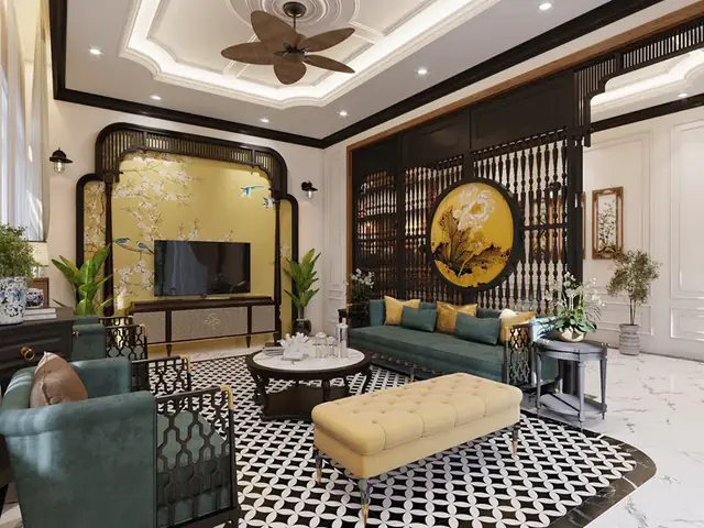 Mẫu Phòng Khách Biệt Thự Phong Cách Indochine Hoài Cổ