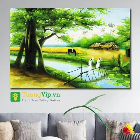 Tranh Phong Cảnh Quê Hương - Tranh Treo Tường Chiếc Cầu Tre Quê