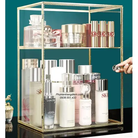 Kệ Tủ Kính Đựng Nước Hoa Mỹ Phẩm Có Nắp Chống Bụi Mạ Vàng Golden