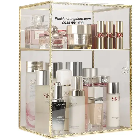 Kệ Tủ Kính Đựng Nước Hoa Mỹ Phẩm Có Nắp Chống Bụi Mạ Vàng Golden