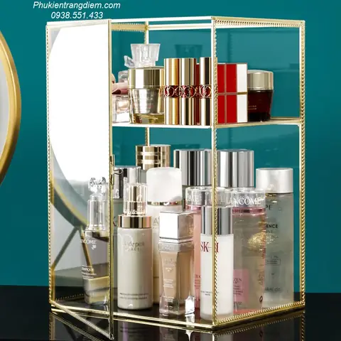 Kệ Tủ Kính Đựng Nước Hoa Mỹ Phẩm Có Nắp Chống Bụi Mạ Vàng Golden